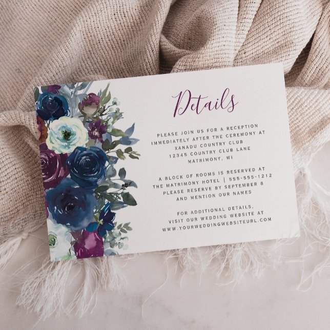 Tarjeta De Recepción Detalles del Boda azul de la Marina Floral de colo (Subido por el creador)