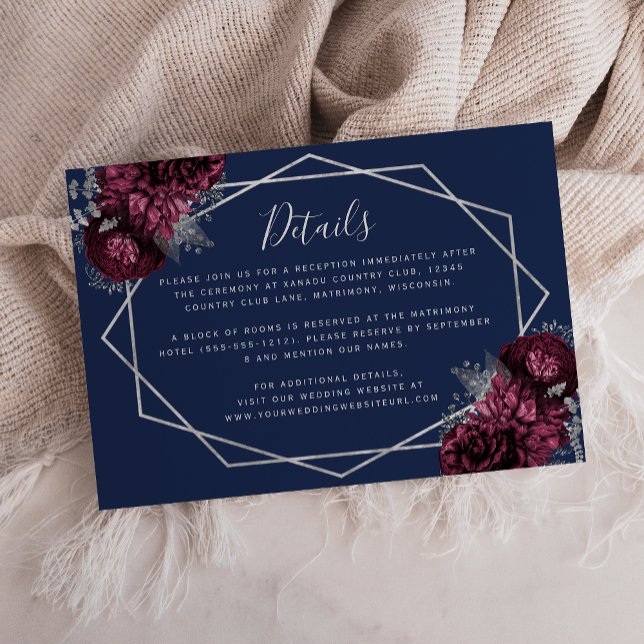 Tarjeta De Recepción Detalles del Boda azul de la Marina Floral de Plat (Subido por el creador)