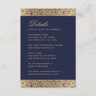 Tarjeta De Recepción Detalles del Boda azul de la marina - Rosas de oro