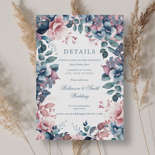 Tarjeta De Recepción Detalles del Boda azul húmedo floral bohemio (Bohemian Floral Dusty Blue Wedding Details Enclosure Card)