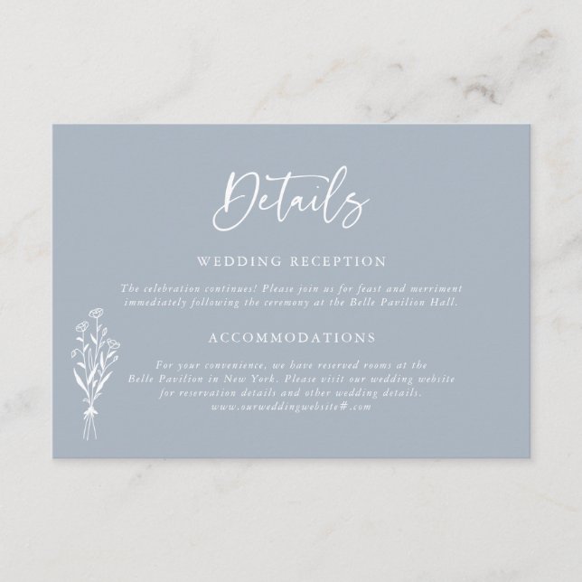 Tarjeta De Recepción Detalles del Boda azul mínimo de Bouquet Dusty (Anverso)