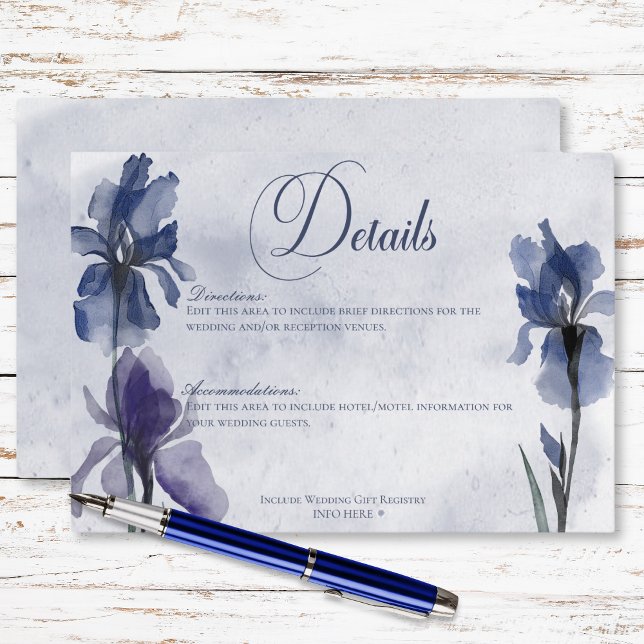 Tarjeta De Recepción Detalles del Boda azul moderno con flores de iris  (Blue Iris Flowers Modern Blue Wedding Details Enclosure Card)