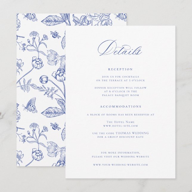 Tarjeta De Recepción Detalles del Boda azul Regency (Anverso / Reverso)