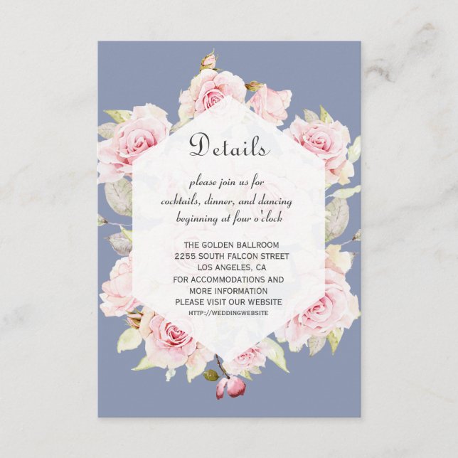 Tarjeta De Recepción Detalles del Boda azul turbio floral rosa (Anverso)