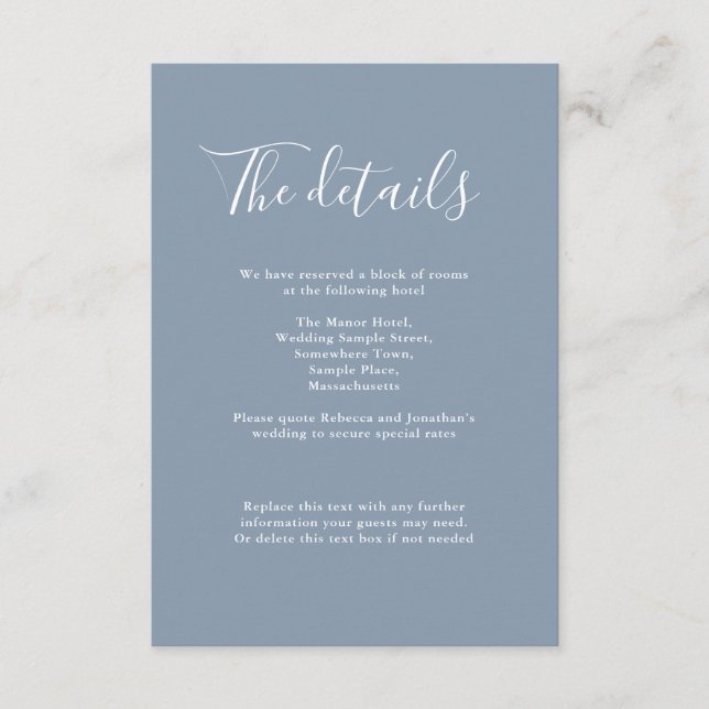 Tarjeta De Recepción Detalles del Boda azul turbio mínimo (Anverso)