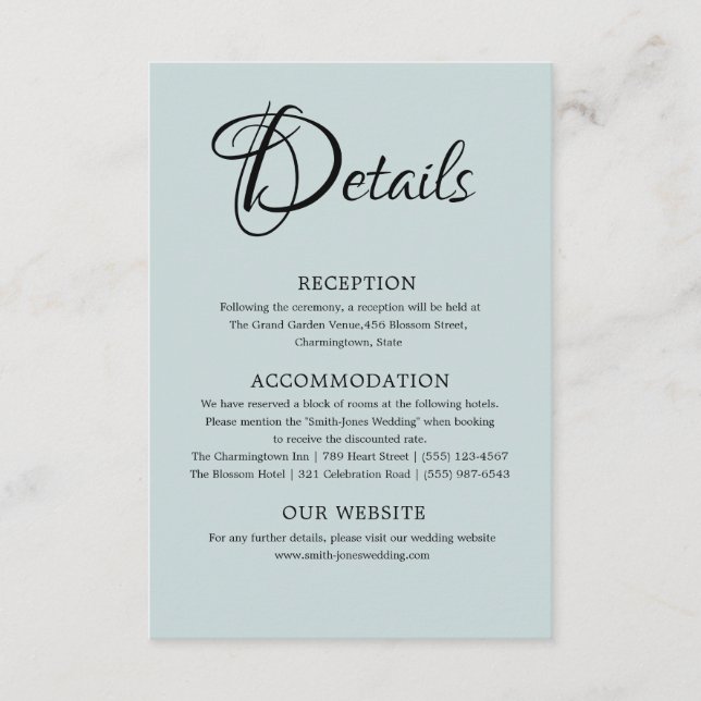 Tarjeta De Recepción Detalles del Boda azul turbio mínimo (Anverso)