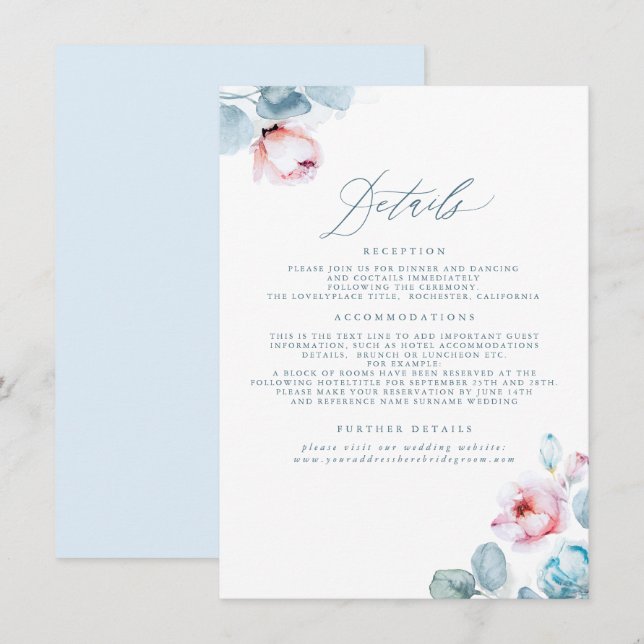 Tarjeta De Recepción Detalles del Boda azul y rosa polvorientos (Anverso / Reverso)