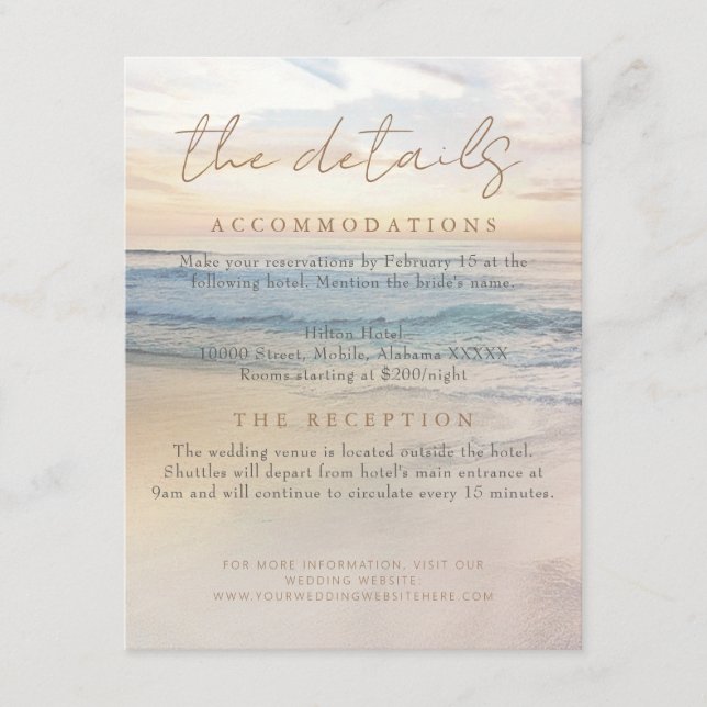 Tarjeta De Recepción Detalles del Boda Beach Sunset Seaside/Ocean (Anverso)