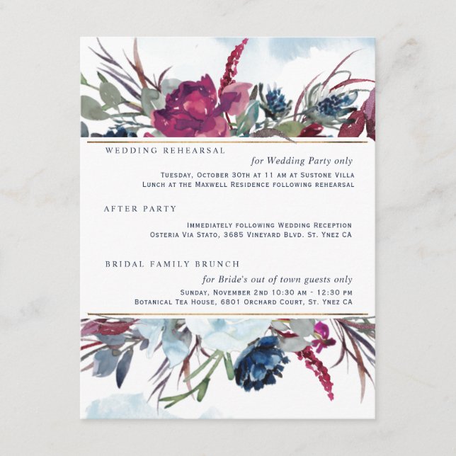 Tarjeta De Recepción Detalles del Boda Berry Burgundy Blue Floral (Anverso)
