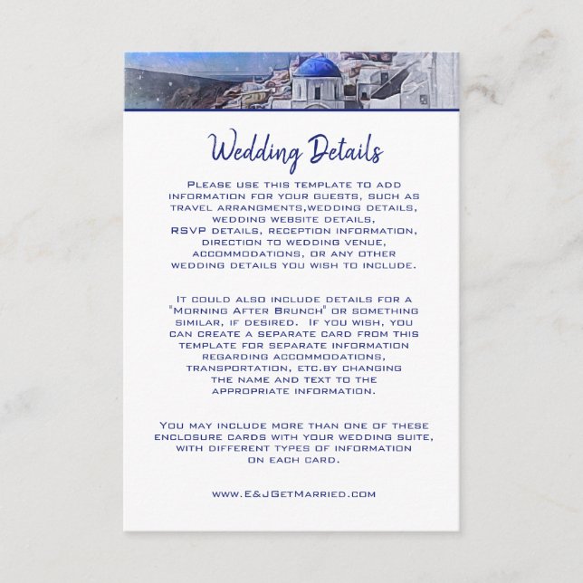 Tarjeta De Recepción Detalles del Boda blanco azul de Santorini Grecia (Anverso)