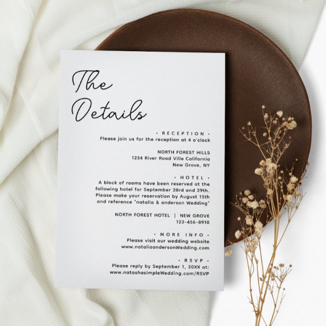 Tarjeta De Recepción Detalles del Boda blanco negro básico moderno (Subido por el creador)