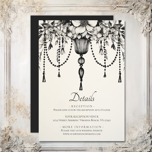 Tarjeta De Recepción Detalles del Boda blanco negro de lámpara de araña (Floral Chandelier Black White Wedding Details Enclosure Card)