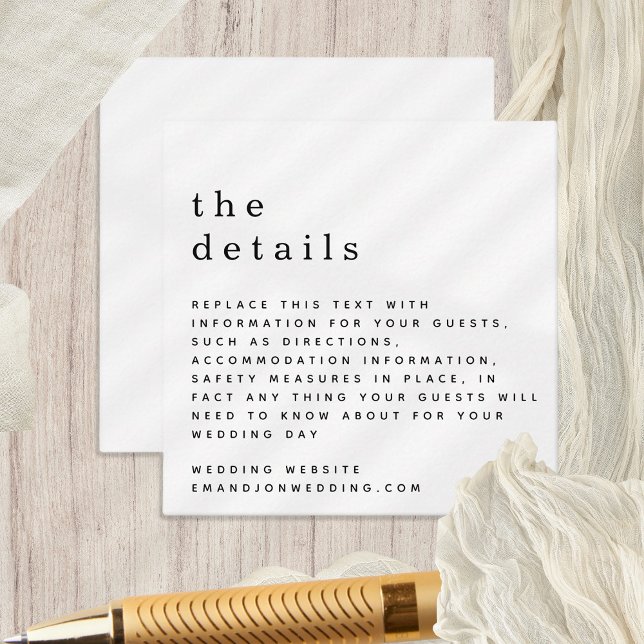 Tarjeta De Recepción Detalles del Boda blanco negro simple MINI (Tiny size 2.5" square Details enclosure. Fully Customisable, Change to any color. )