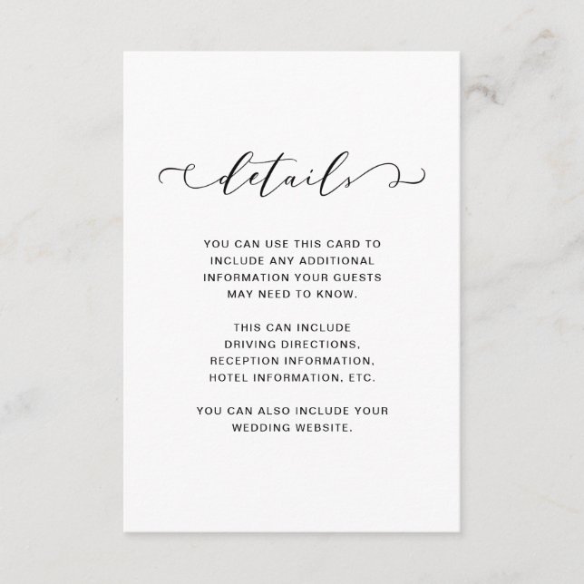 Tarjeta De Recepción Detalles del Boda blanco y negro de moda (Anverso)