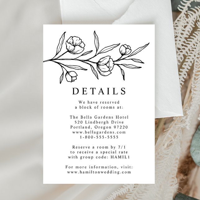 Tarjeta De Recepción Detalles del Boda blanco y negro floral esbozados (Subido por el creador)