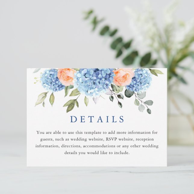 Tarjeta De Recepción Detalles del Boda Blue Hydrangea Rubor Pink Roses (Anverso de pie)