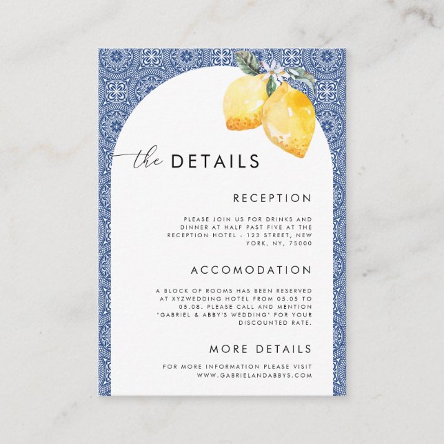 Tarjeta De Recepción Detalles del Boda Blue Italian Tile Lemons (Anverso)