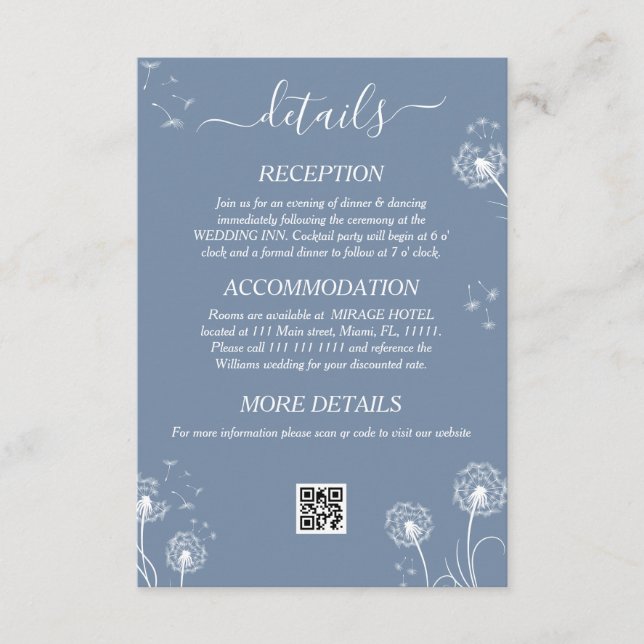 Tarjeta De Recepción Detalles del Boda Blue Wildflower Boho (Anverso)