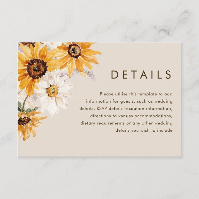 Tarjeta De Recepción Detalles del Boda Bohemiano de Girasol (Anverso)