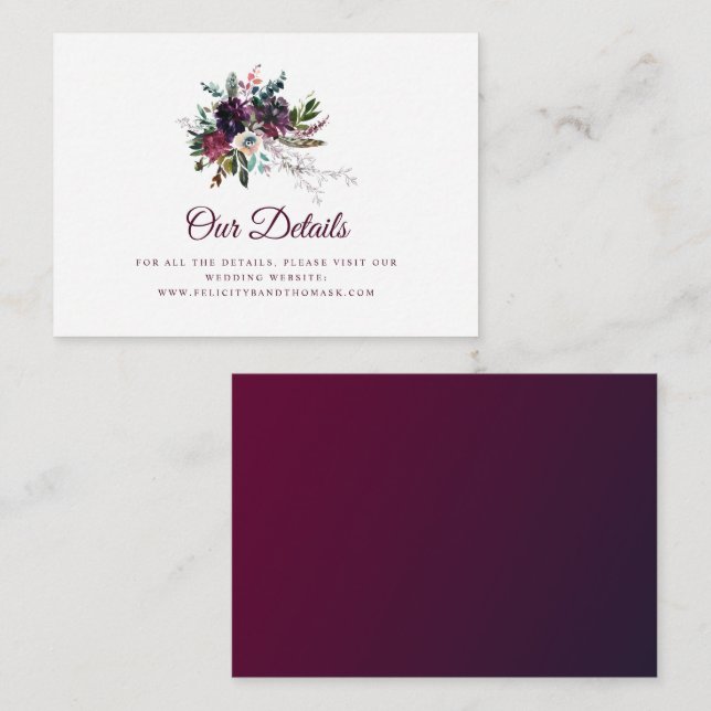 Tarjeta De Recepción Detalles del Boda Boho Burgundy Floral (Anverso / Reverso)