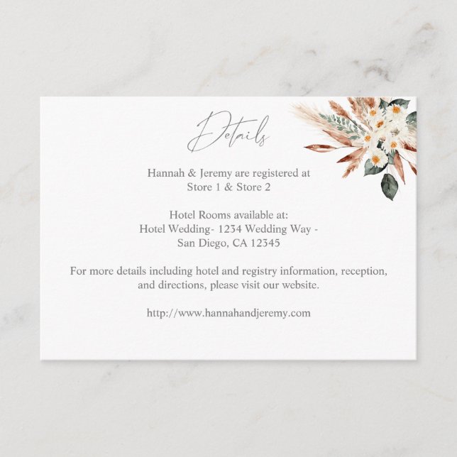 Tarjeta De Recepción Detalles del Boda Boho Copper Pampas Grass & Flora (Anverso)