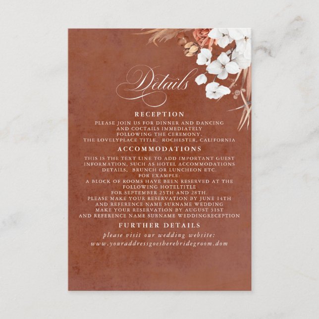 Tarjeta De Recepción Detalles del Boda Boho de Terracota y Flores Blanc (Anverso)