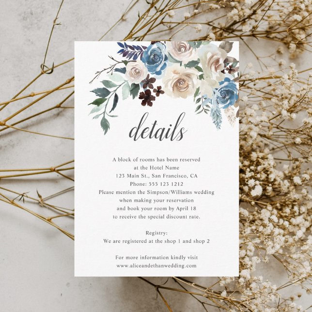 Tarjeta De Recepción Detalles del Boda Boho Dusty Blue Beige Flowers (Subido por el creador)