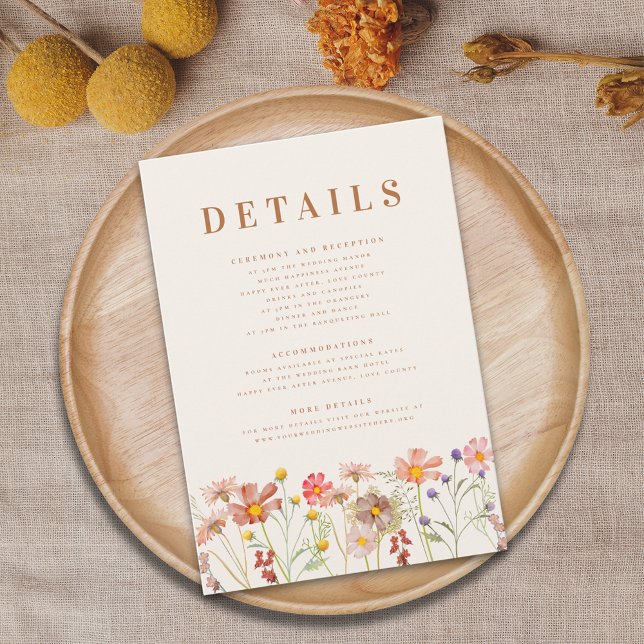 Tarjeta De Recepción Detalles del Boda Boho Fall Floral Terracotta (Terracotta Boho fall Wildflower Wedding details card with ceremony reception accommodations and more)
