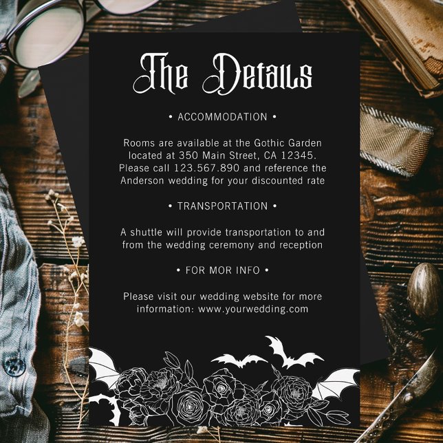 Tarjeta De Recepción Detalles del Boda Boho Gótico Botánico Negro (Subido por el creador)