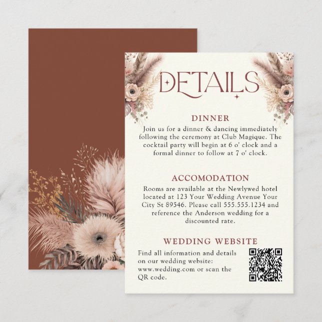 Tarjeta De Recepción Detalles del Boda Boho Pampas Grass Terracotta (Anverso / Reverso)
