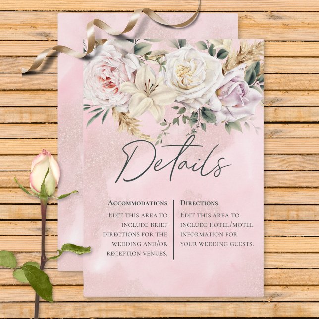 Tarjeta De Recepción Detalles del Boda Boho Pampas y rosas rosadas (Subido por el creador)