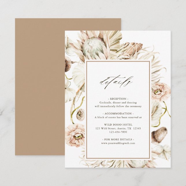 Tarjeta De Recepción Detalles del Boda Boho Protea Pampas Grass Floral (Anverso / Reverso)