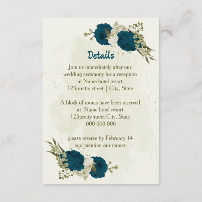 Tarjeta De Recepción detalles del boda botánico beige azul verde azulad (Anverso)