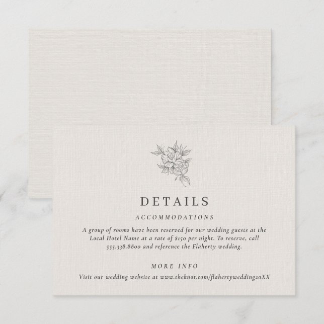 Tarjeta De Recepción Detalles del Boda botánico clásico beige (Anverso / Reverso)