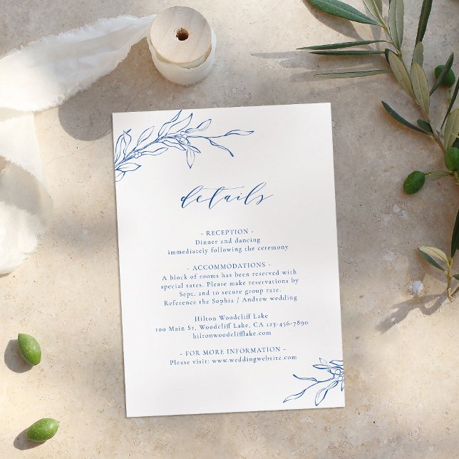 Tarjeta De Recepción Detalles del boda botánico de elegancia simple azu (Blue simple elegance botanical wedding details enclosure card)
