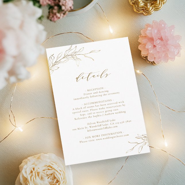 Tarjeta De Recepción Detalles del boda botánico de elegancia simple dor (Gold simple elegance botanical wedding details enclosure card)