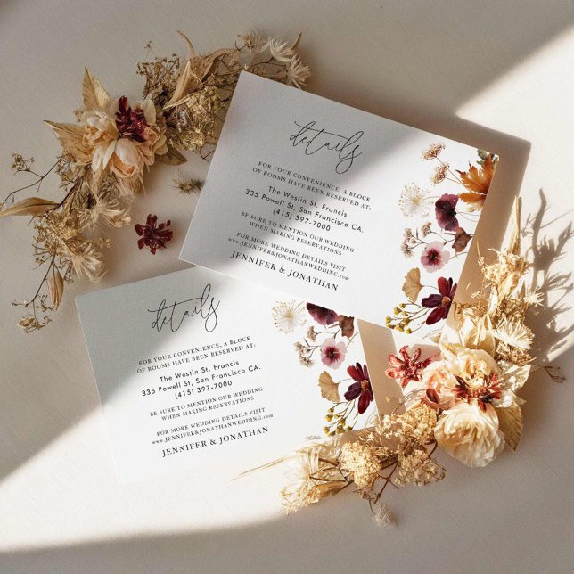 Tarjeta De Recepción Detalles del Boda botánico de la caída de Borgoña (Fall Burgundy Floral Wedding Details Card)