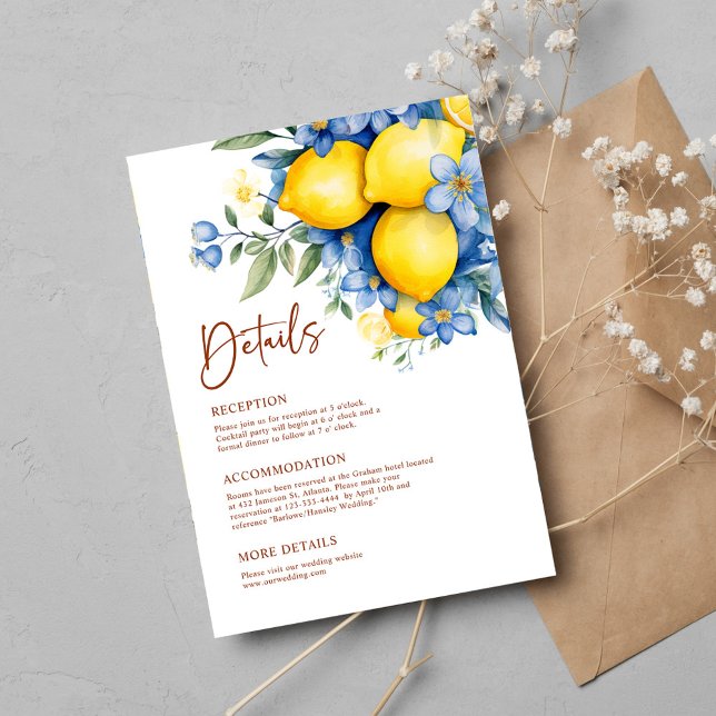 Tarjeta De Recepción Detalles del Boda botánico de limón acuarela (Watercolor Lemon Botanical Wedding Details Enclosure Card)