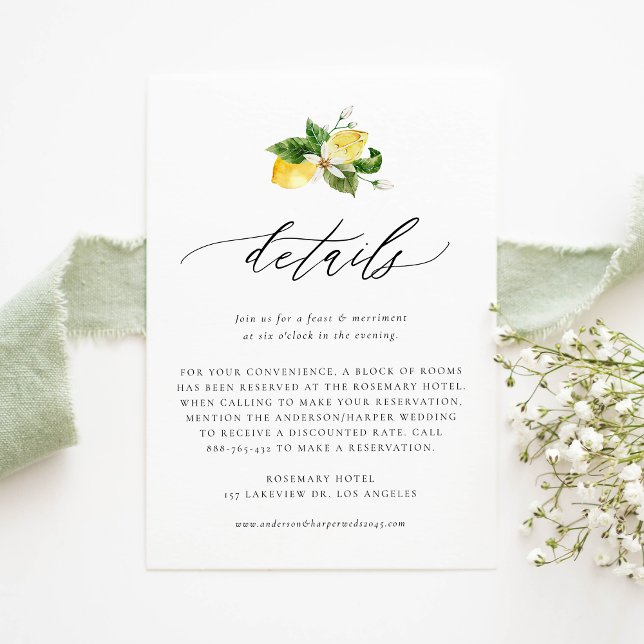 Tarjeta De Recepción Detalles del Boda botánico de limón y vegetación (Customizable Details Card with Watercolor Lemons, Blossoms and Greenery | Lemon Wedding Details Card)