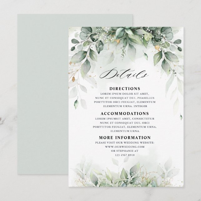 Tarjeta De Recepción Detalles del Boda botánico Eucalyptus Greenery Gum (Anverso / Reverso)