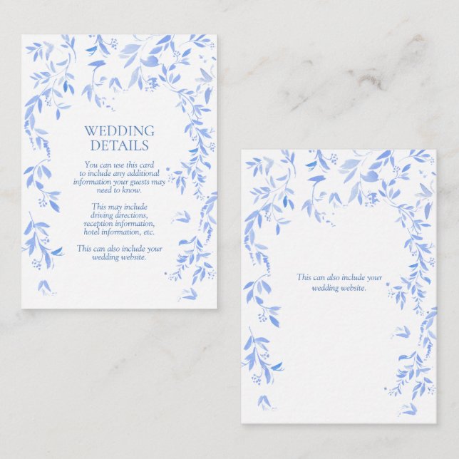 Tarjeta De Recepción Detalles del Boda botánico floral azul francés (Anverso / Reverso)