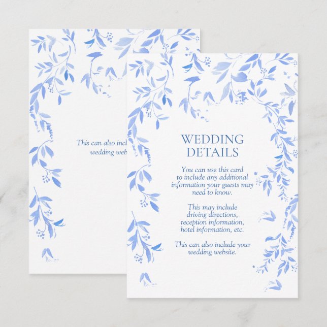 Tarjeta De Recepción Detalles del Boda botánico floral azul francés (Anverso / Reverso)
