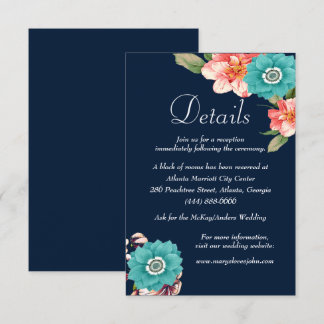 Tarjeta De Recepción Detalles Del Boda Botánico Floral Azul Y Rosa