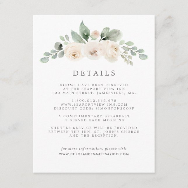 Tarjeta De Recepción Detalles del Boda Botánico Floral Blanco (Anverso)