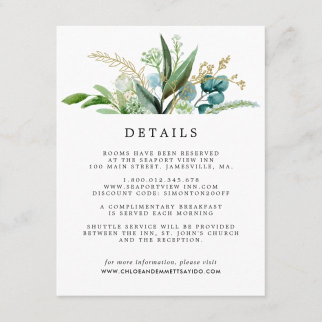 Tarjeta De Recepción Detalles del Boda botánico Green White Gold (Anverso)