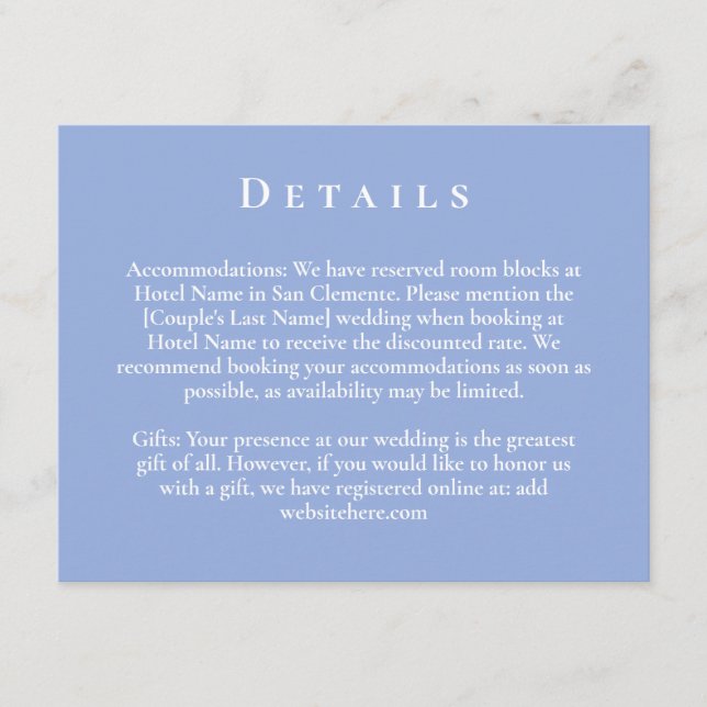 Tarjeta De Recepción Detalles del Boda botánico mínimo azul y blanco (Anverso)