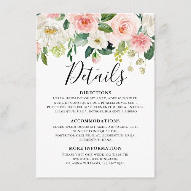 Tarjeta De Recepción Detalles del Boda Botánico Moderno Floral Rosa Rub (Anverso)