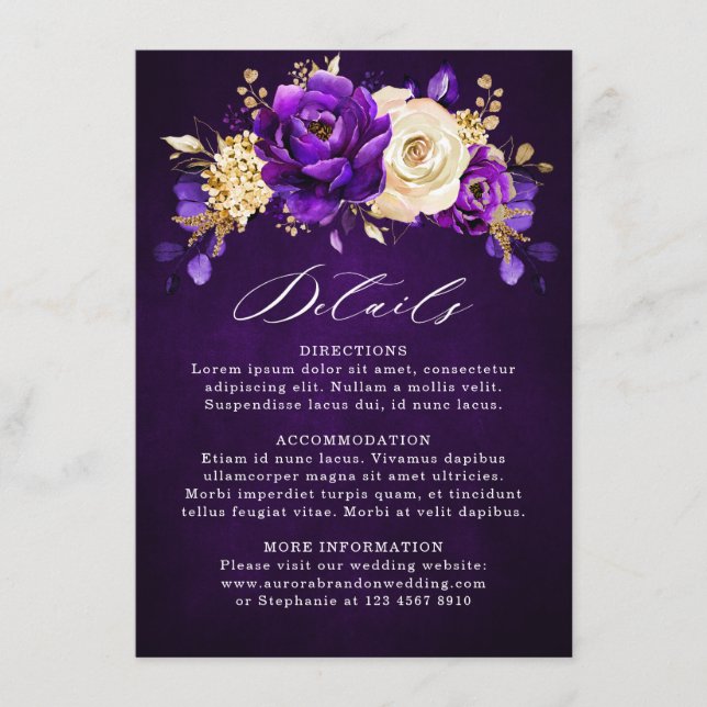 Tarjeta De Recepción Detalles del Boda botánico Royal Purple Violet Gol (Anverso)