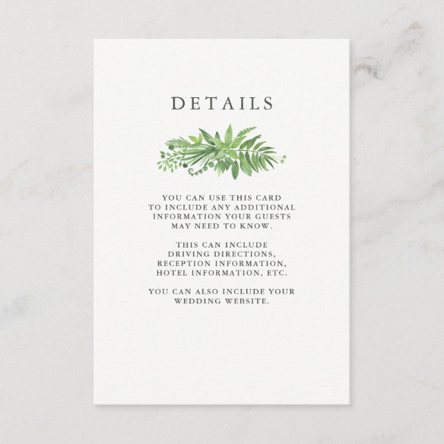 Tarjeta De Recepción Detalles del Boda Botánico Verde de Luxe Leaves (Anverso)