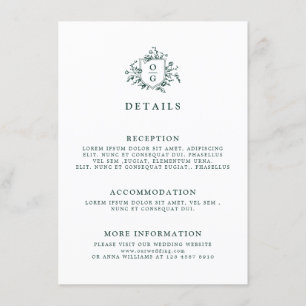 Tarjeta De Recepción Detalles del Boda botánico vintage de Emerald Gree
